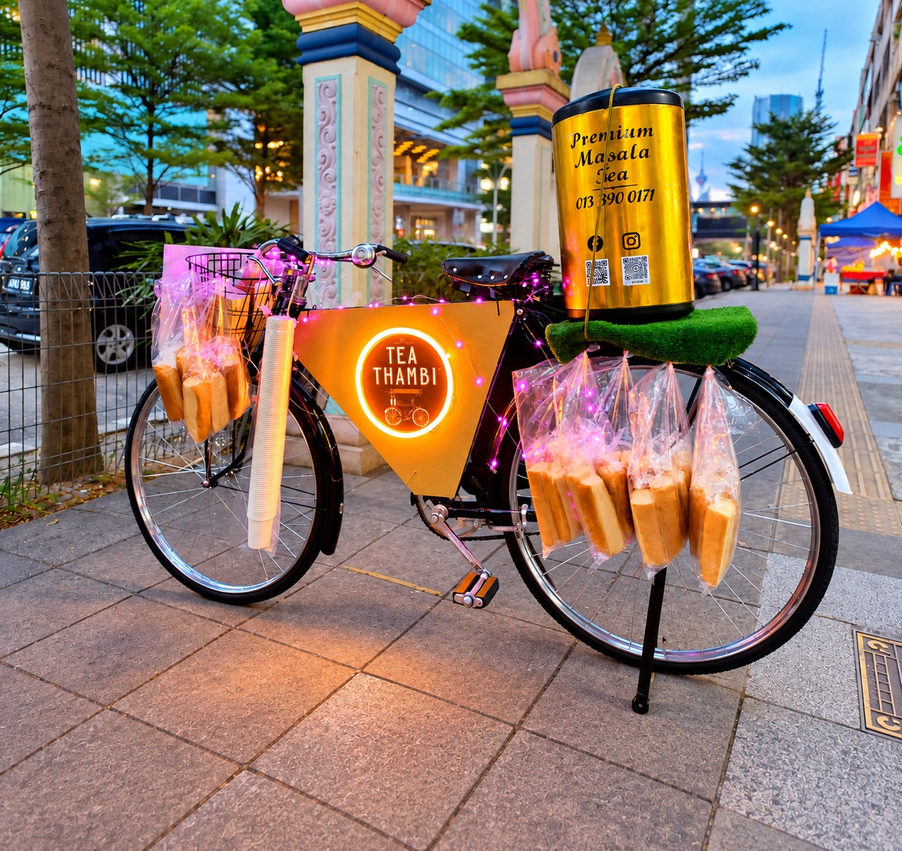 The real Tea Thambi bicycle cart, lit up on a Kuala Lumpur street at night