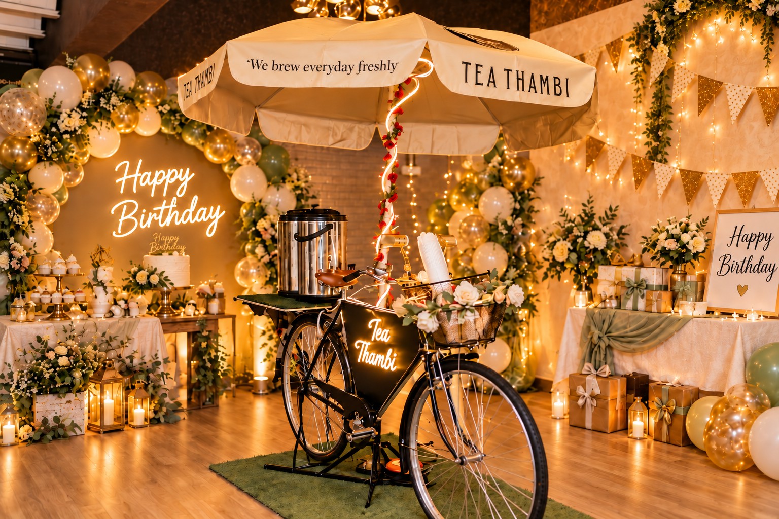 The Tea Thambi cart set up at a birthday party with a Happy Birthday neon sign and balloons