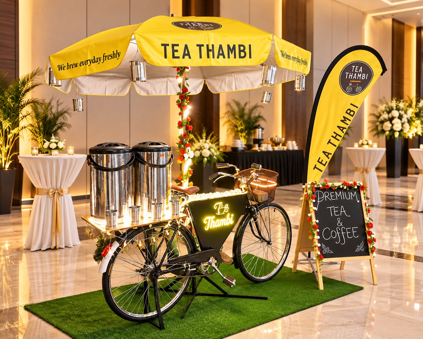 The Tea Thambi cart set up at a corporate event with a Premium Tea & Coffee sign