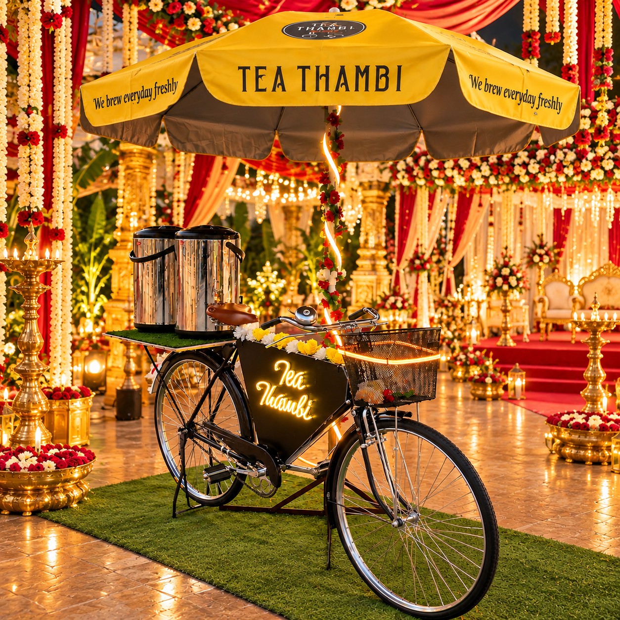 The Tea Thambi bicycle cart decorated for a wedding, with floral mandap decor behind